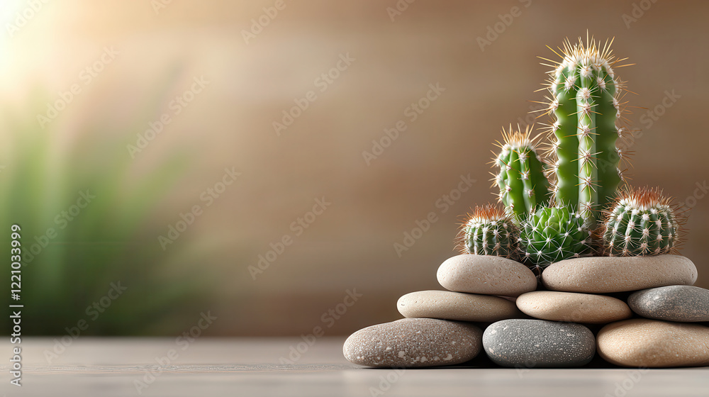 Poster visually stunning arrangement of smooth green cacti on stack of pebbles, creating serene and calming atmosphere in natural setting