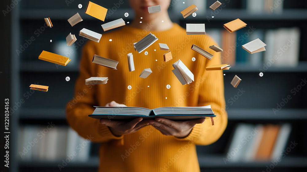 Aufkleber person holding open book with floating books around, symbolizing knowledge and imagination. warm col