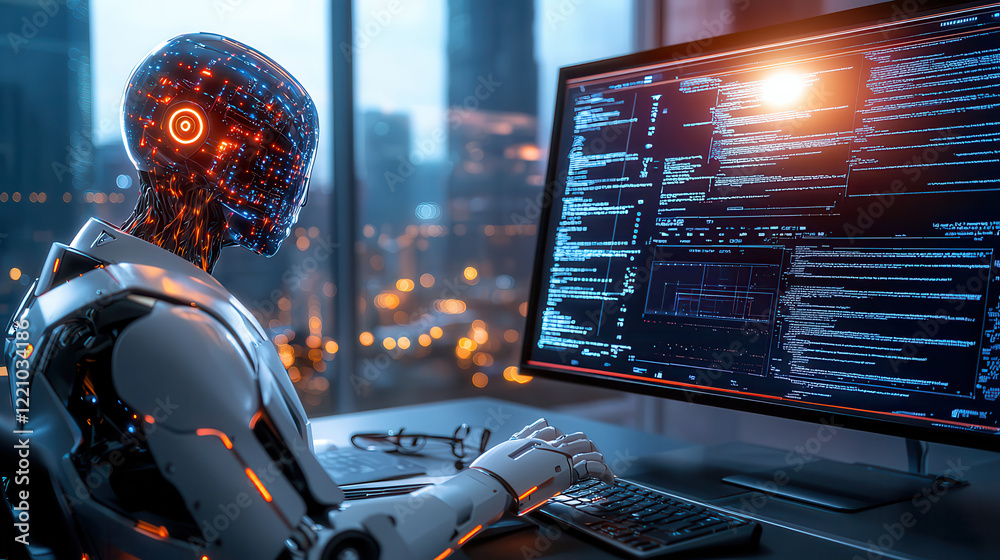 Poster futuristic robot analyzing data on computer screen in cityscape. scene showcases advanced technology and cybersecurity themes, highlighting integration of AI in modern environments