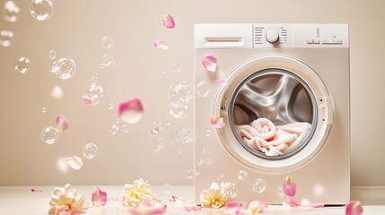 Washing machine with soap bubbles and flower petals creating a fresh laundry concept
