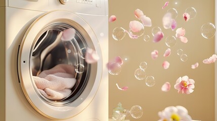 Washing machine with soap bubbles and flower petals creating a fresh laundry concept