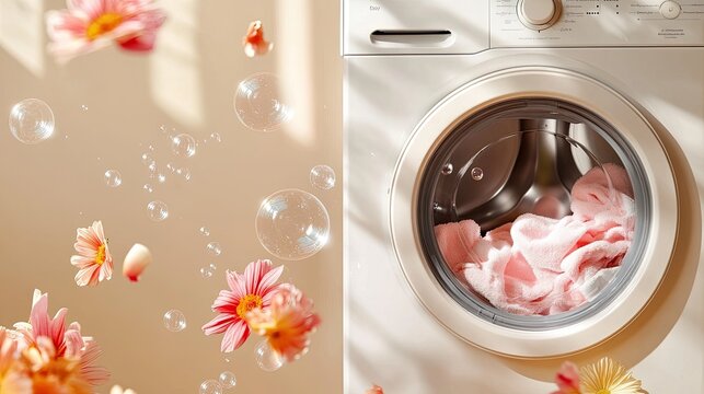 Washing machine with soap bubbles and flower petals creating a fresh laundry concept
