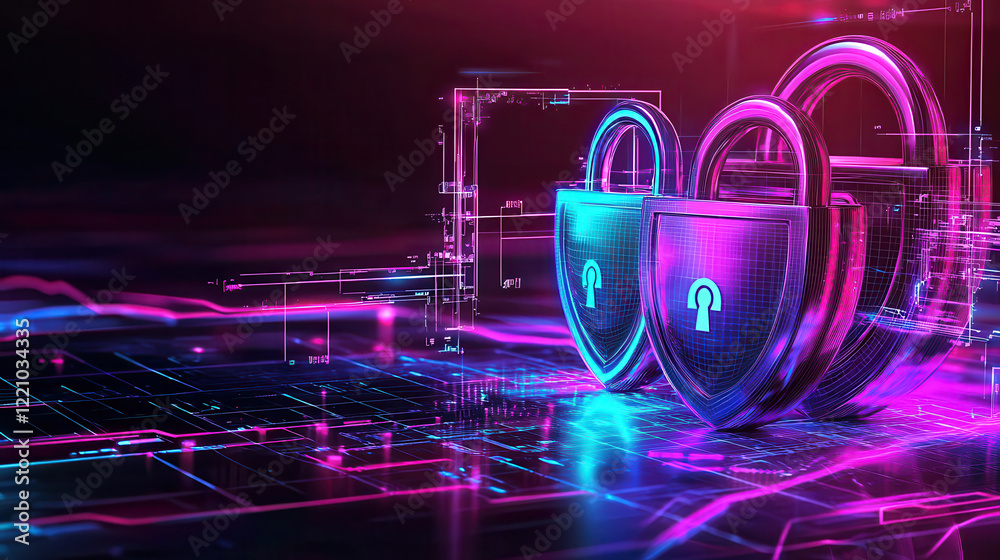 Aufkleber Secure digital locks represent data protection in vibrant, abstract environment. image highlights importance of cybersecurity in visually striking manner