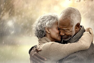 African American couple kissing and hugging in a park.
