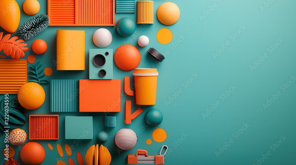 Poster colorful arrangement of geometric shapes and objects on turquoise background, featuring orange, yell