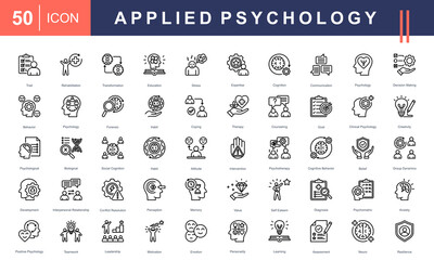 Icons illustrating Applied Psychology concepts like traits, therapy, cognition, emotions, behavior, leadership, motivation, and resilience. Ideal for academic or professional use.