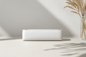 Fototapeta premium Elegant White Pencil Case on Minimalist Table with Dried Flowers