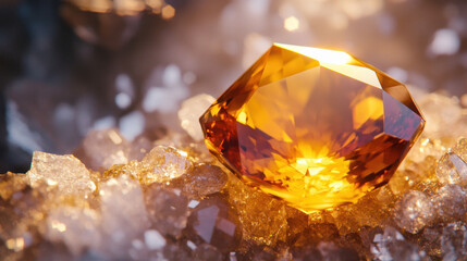 Radiant Golden Gemstone Resting on Sparkling Crystals