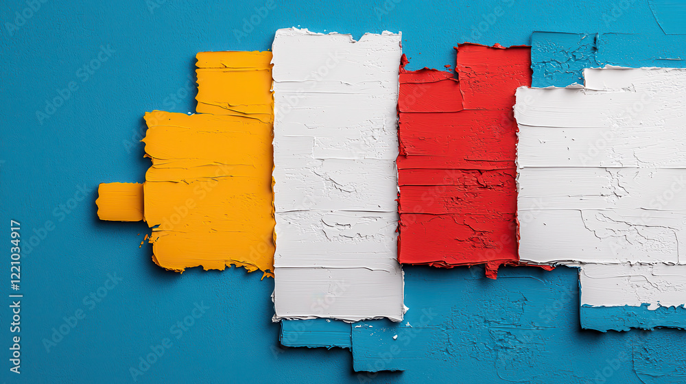 Poster Bright abstract art featuring mix of sharp textures and vibrant colors like yellow, white, red, and blue, creating visually striking composition