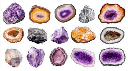 Amethyst and Agate Collection: A vibrant collection of polished amethyst and agate specimens showcasing a diverse range of colors, textures, and formations.  Perfect for geology, mineral.