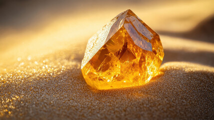Radiant Golden Quartz Crystal Resting on Golden Sand at Sunset
