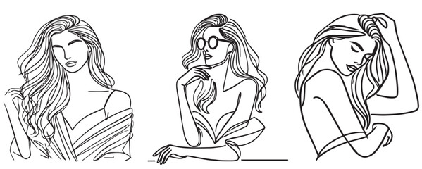 line art drawing fashion model girl set vector