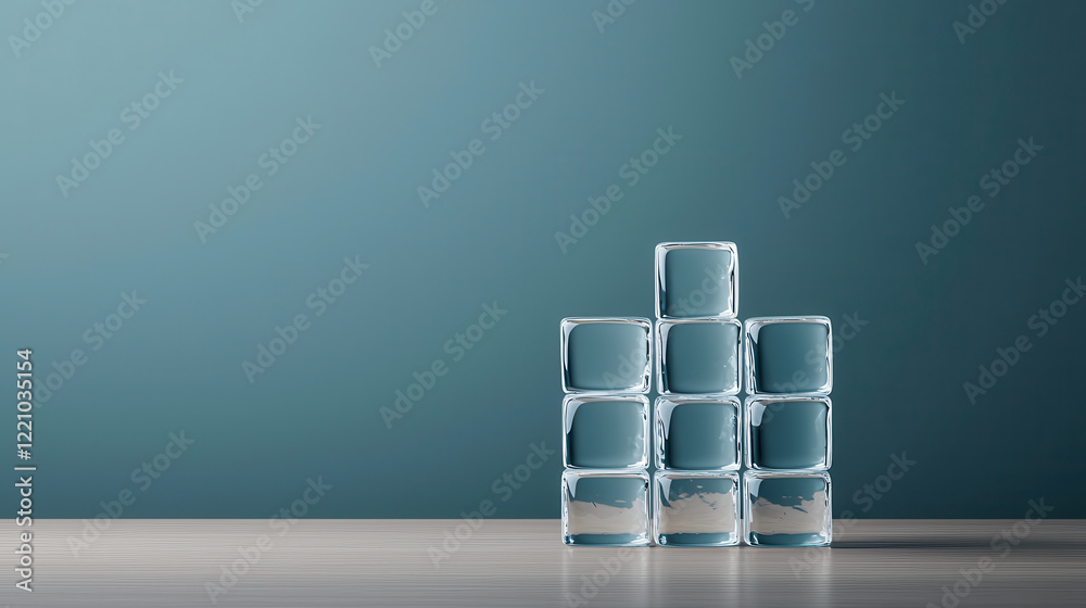 Poster Clear ice cubes arranged in neat, organized pattern on wooden surface, creating visually appealing geometric design against soft blue background