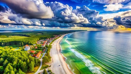 Obraz premium Surreal Aerial View of Jastrzebia Gora, Poland: White Sand Beaches & Baltic Sea