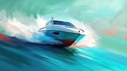 Fototapeta premium Dynamic Digital Painting of a Speedboat Cutting Through Vibrant Blue Waters at High Speed