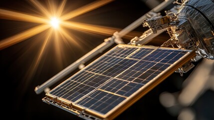 Sun rays illuminating the solar panels of a satellite in space.