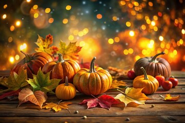 Surreal Autumn Still Life: Table of Pumpkins and Leaves