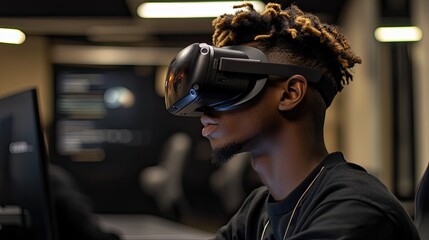 Students coding and testing virtual reality applications, using VR headsets to interact with their creations in the laboratory.