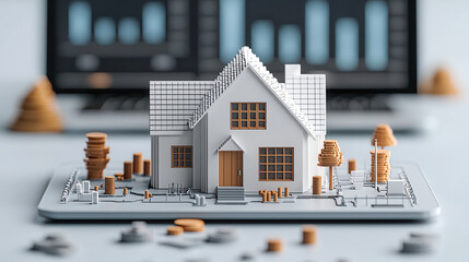 3D visualization of white house model on laptop, surrounded by coins and trees, representing real estate investment and financial growth