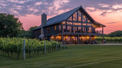 Obraz premium Modern Winery House Sunset Vineyard Landscape