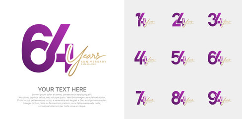 Anniversary logo set vector design, purple and gold color for celebration event