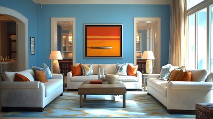 A peaceful living room with color psychology at play, calming blue tones on the walls, neutral furniture, and warm lighting to create a serene and tranquil atmosphere