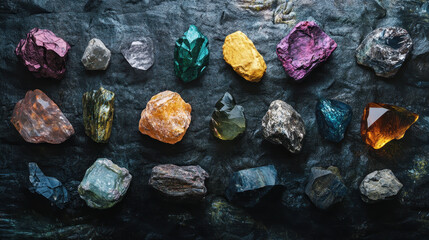 Collection of Colorful Gemstones and Minerals on Dark Surface