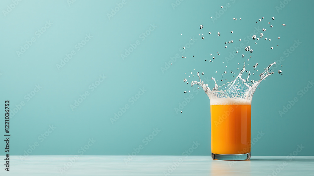 Poster vibrant glass of orange juice splashes against turquoise background, creating refreshing and lively scene. droplets add dynamic touch to composition