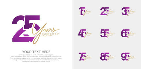 Anniversary logo set vector design, purple and gold color for celebration event