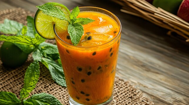 fresh, vibrant glass of passion fruit juice, garnished with a slice of lime and mint, symbolizing the tropical flavor and high vitamin content that promotes wellness. Passion fruit. superfood 