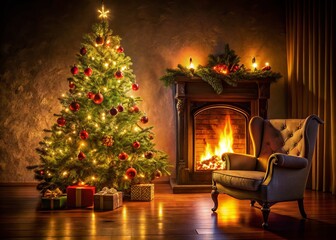 Fototapeta premium Silhouette of Christmas Tree, Fireplace, and Armchair in Cozy Living Room