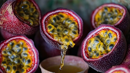 Fototapeta premium detailed close-up of passion fruit pulp and juice being poured into a cup, with seeds visible, showcasing its antioxidants and detoxifying properties. Passion fruit. superfood 