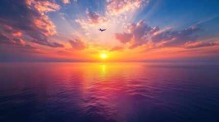 Obraz premium Airplane Soaring Above Ocean Sunset Colorful Sky