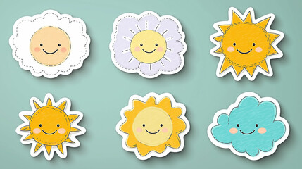 Happy Sun and Flower Stickers: A collection of six cheerful cartoon stickers featuring smiling suns and flowers, perfect for adding a touch of whimsy to any project.  