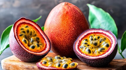 colorful close-up of passion fruit being juiced, with the pulp and seeds visible, highlighting the fruit's role in supporting a healthy immune system and skin. Passion fruit. superfood 