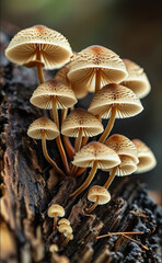 a group of mushrooms growing on a tree stump