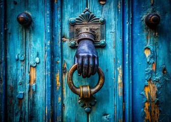 Obraz premium Silhouette of Hand-Shaped Door Knocker and Metal Handle on Antique Blue Door