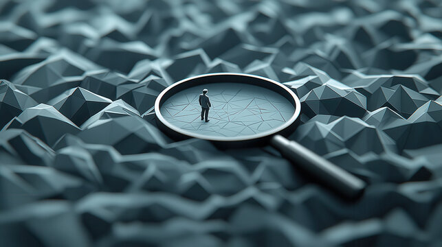 person standing under magnifying glass on textured surface, symbolizing scrutiny and exploration. scene conveys sense of investigation and detail