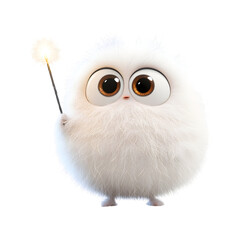Fluffy 3D Cartoon Character Holding a Glowing Magic Wand Isolated on Transparent Background