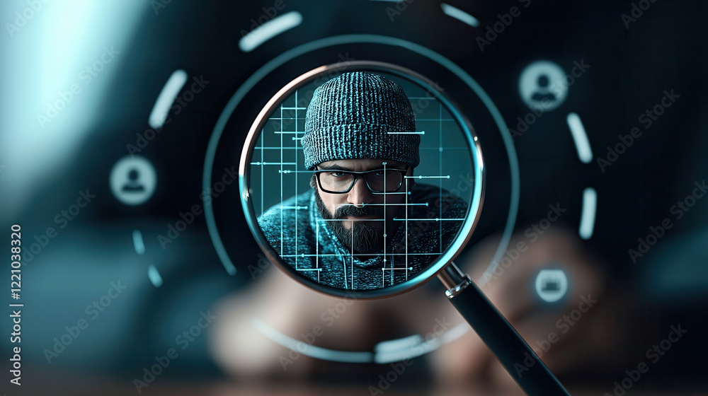 Poster Man wearing glasses and beanie, focused on digital interface, symbolizing surveillance and technology. scene conveys sense of intrigue and modernity