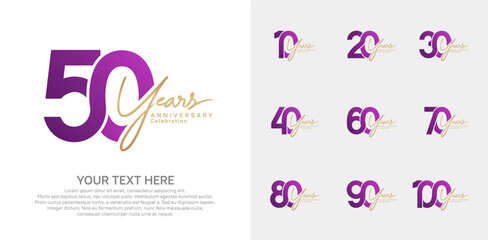 Anniversary logo set vector design, purple and gold color for celebration event