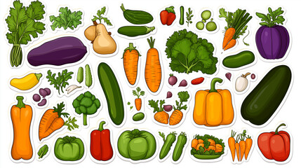 Vibrant Vegetable Collection: A cheerful collection of hand-drawn vegetables, including carrots, peppers, zucchini, eggplant, and more, perfect for adding a pop of color and freshness to any design.