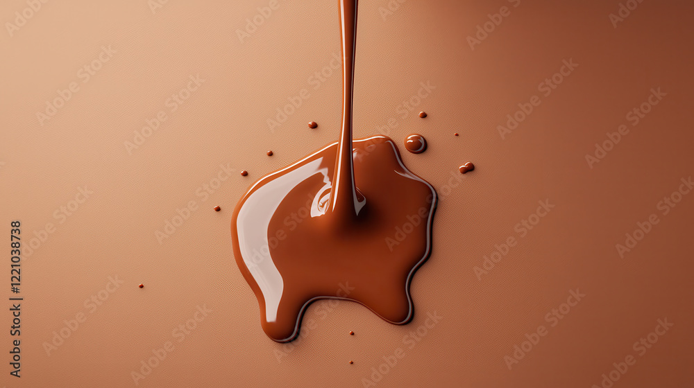 Poster Glossy melted chocolate flowing on warm reddish brown surface, creating rich and inviting texture. Perfect for dessert themes and culinary presentations