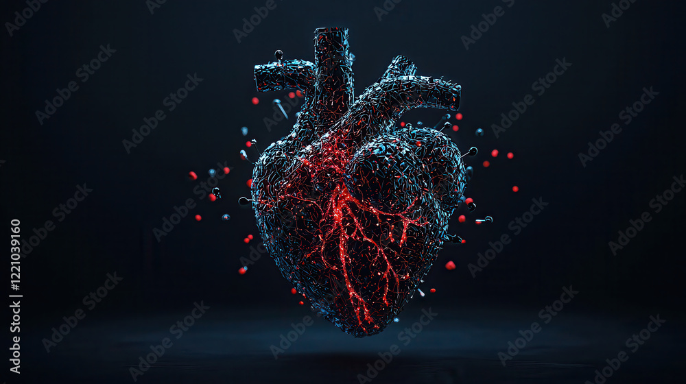 Poster high resolution 3d visualization of human heart with intricate details, showcasing vibrant network o