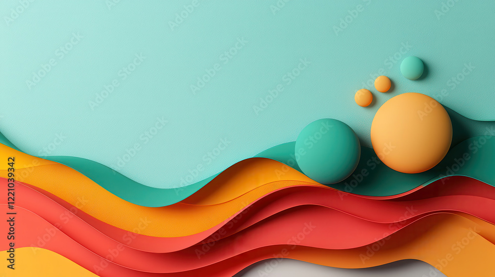 Poster vibrant abstract composition featuring layered waves in teal, orange, and red with circular shapes. 