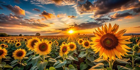 Obraz premium Silhouette of Sunflowers at Sunset: Copy Space for Text and Design