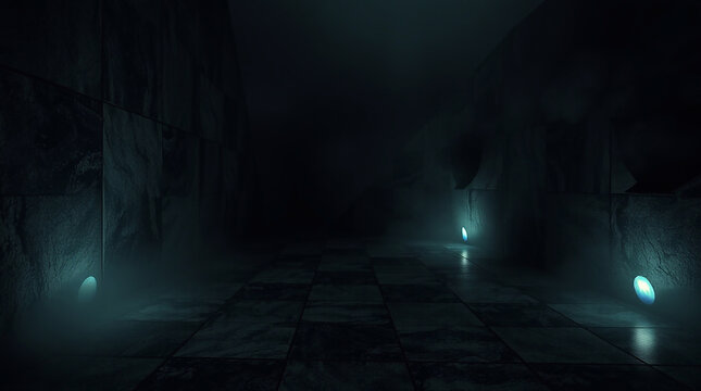 Eerie atmosphere permeating modular granite tiles dark tones unsettling details creating a creepy and unnerving scene