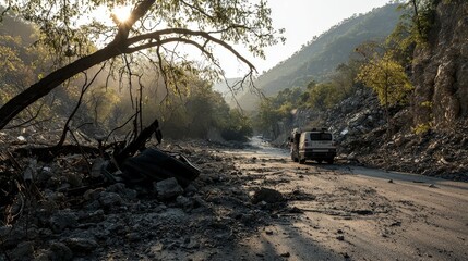 Massive landslide blocks road stranding vehicles in mountainous area natural disaster morning light scenic view
