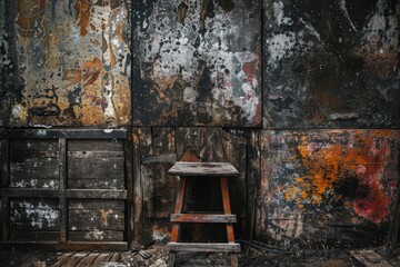 Abandoned interior with a stool. Rusty burnt walls of an abandoned house.