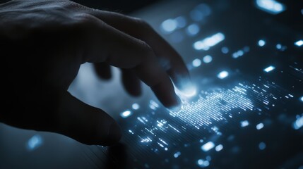 A businessmans finger is touching a glowing digital bank hologram, set against an empty background.